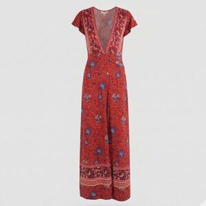 Ecowish Floral Maxi True Wrap Dress V Neck Red Cotton Floral Bohemian S